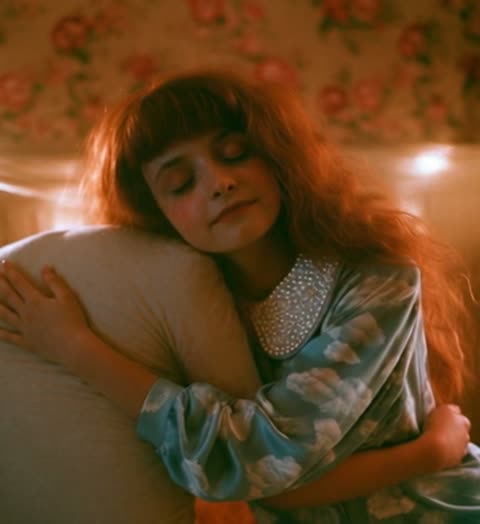 Her, eyes closed, holding a pillow. A take that was cut