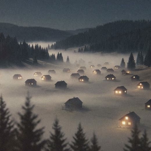 A foggy valley at night, a few windows lit
